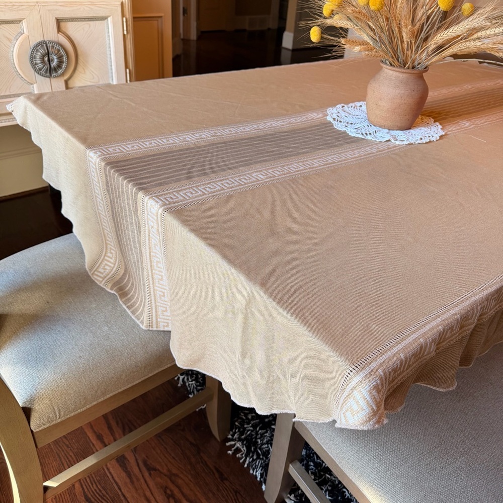 Beige Linen Blend Tablecloth with Decorative geometric Greek key pattern border